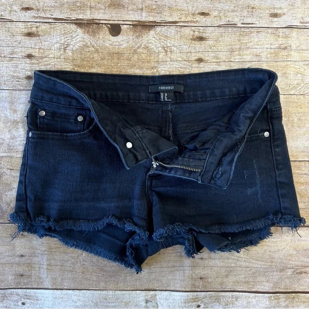 Forever 21 Womens Black Denim Cut Off Shorts Frayed Hem Distressed Size 26